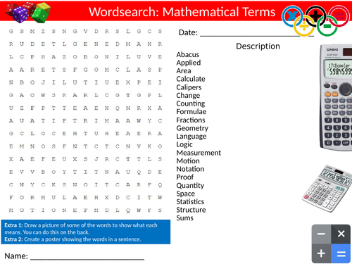 22 x Mathematical Terms Wordsearch Starter Activity Homework Cover Lesson Plenary