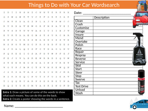 Car Chores Jobs Wordsearch Sheet Starter Activity Keywords Cover Homework Driving