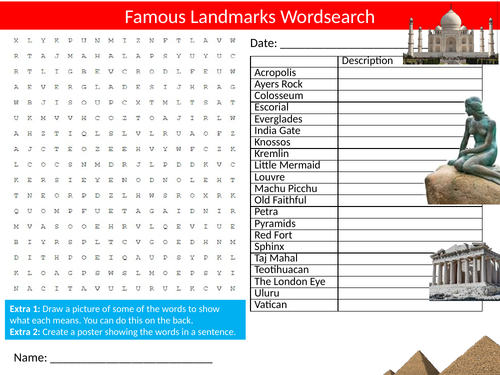 2 x Famous Landmarks Wordsearch Starter Activity Geography Design Structures Homework Cover Lesson