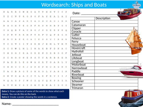 Ships and Boats #2 Wordsearch Puzzle Sheet Keywords Settler Starter Cover Lesson Transport