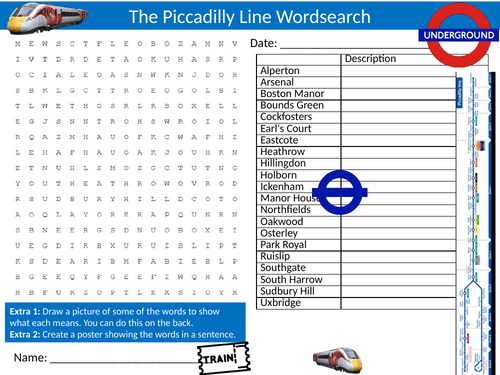 The Piccadilly Line Railways Wordsearch Sheet Starter Activity Keywords Cover Homework Transport