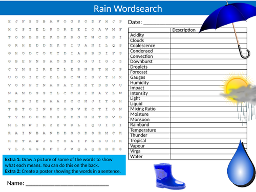 2 x Rain Wordsearch Sheet Starter Activity Keywords Cover Geography Weather