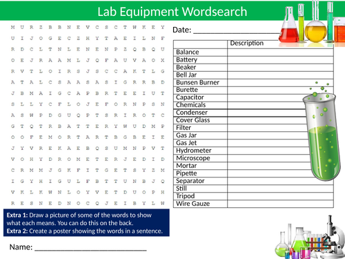 Science Lab Equipment #2 Wordsearch Laboratory Starter Settler Activity Homework Cover Lesson