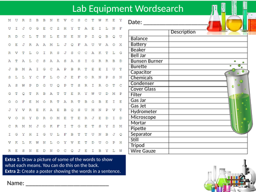 2 x Science Lab Equipment Wordsearch Laboratory Starter Settler Activity Homework Cover Lesson