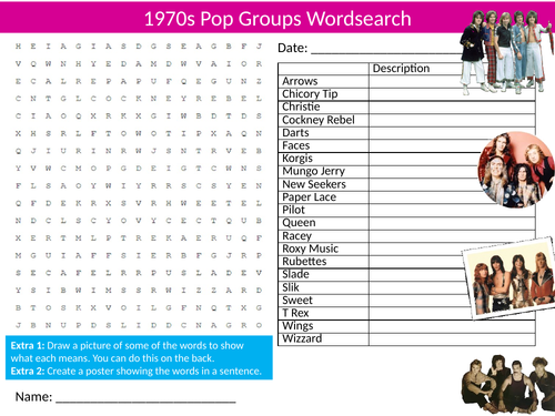 1970s Pop Groups Wordsearch Starter Settler Activity Homework Cover Lesson Music