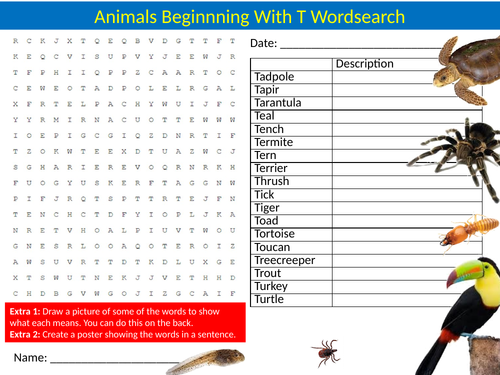 Animals Beginning with T Wordsearch Nature Starter Settler Activity  Homework Cover Lesson | Teaching Resources