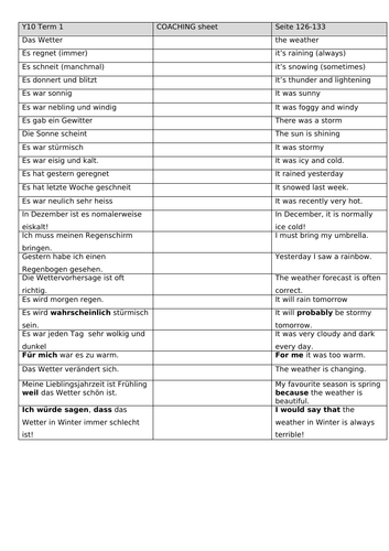 German Coaching  Sheet Weather (GCSE or KS3)