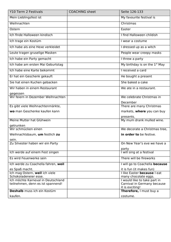 GCSE German Festivals and Traditions Coaching Sheet