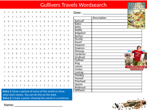 Gulliver's Travels Novel Wordsearch Sheet Starter Keywords Cover English Literature