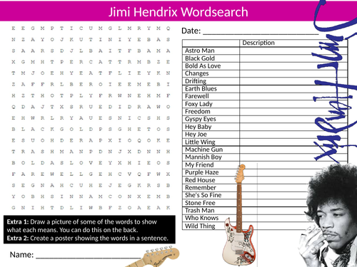 Jimi Hendrix Wordsearch Puzzle Sheet Keywords Settler Starter Cover Lesson Music Musicians