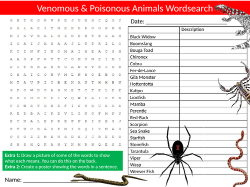 Venomous Animals Wordsearch Sheet Starter Activity Keywords Cover ...