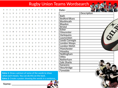 Rugby Union Teams #2 Wordsearch PE Sports Starter Settler Activity Homework Cover Lesson