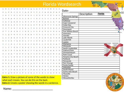 2 x Florida Wordsearch United States US State Starter Settler Activity Homework Cover Lesson