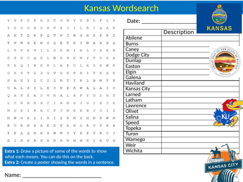 Kansas Wordsearch United States US State Starter Settler Activity Homework Cover Lesson