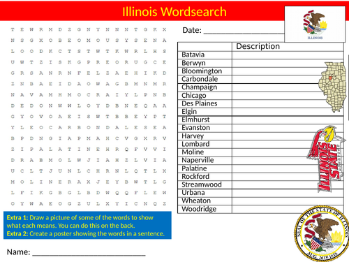 Illinois Wordsearch United States US State Starter Settler Activity Homework Cover Lesson