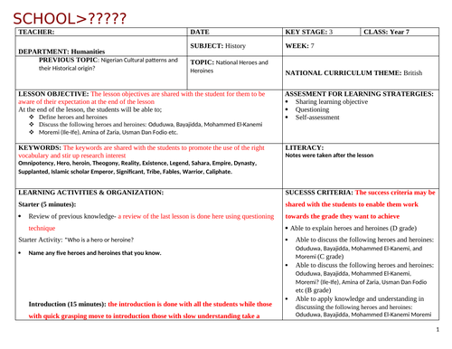 Geography Lesson Plan on Nigeria Cultures, Heros and Heroines and Islam.