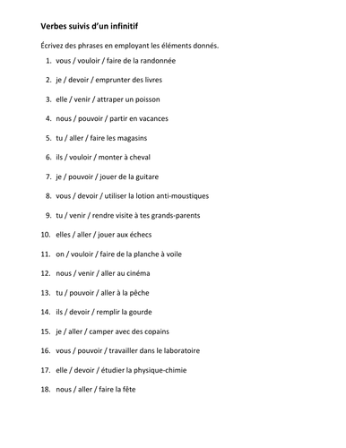 Verbes suivis d'un infinitif (French Verbs with Infinitives) Worksheet