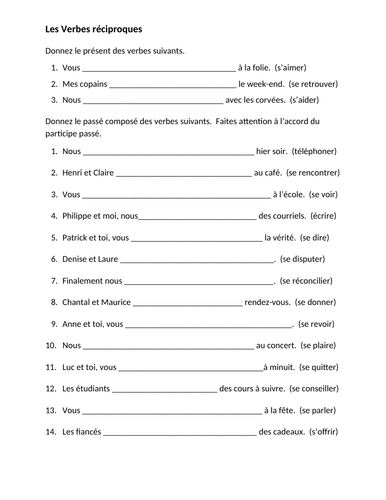 Verbes réciproques French Worksheet