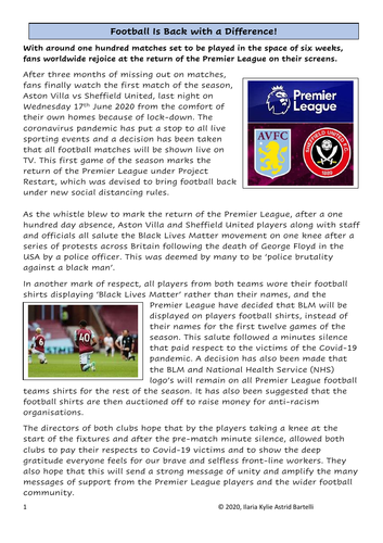 Football is back after coronavirus pandemic. Comprehension for KS2 & KS3