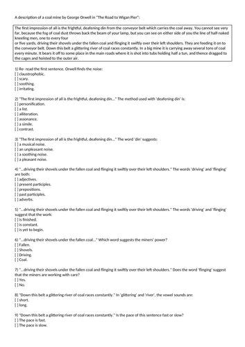 Non Fic George Orwell Coal Mine "Road to Wigan Pier" Quiz HW Pre Guided