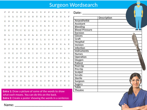 Surgeon Career Wordsearch Sheet Starter Activity Keywords Cover Jobs Medicine