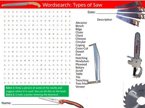 4 x Types of Saws Wordsearch Keyword Starter Cover Design Technology