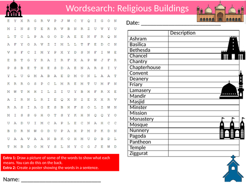 2 x Religious Buildings Wordsearch RE Religious Education Settler Activity Homework Cover Lesson
