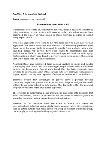 Unconscious Bias Reading Paper 0500 CIE IGCSE English Language