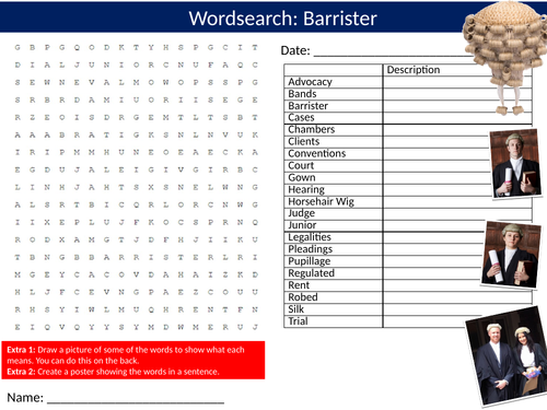 Barrister #2 Wordsearch Puzzle Sheet Keywords Settler Starter Cover Lesson Careers Legal Law Jobs
