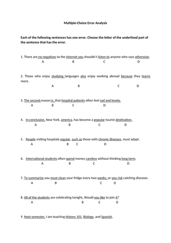 150 Multiple-Choice Error Correction Sentences for Reading/ Writing/ Grammar Practice