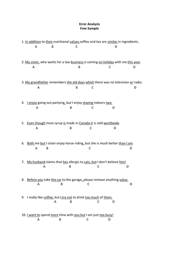 10 Multiple-Choice Error Correction Sentences for Reading/ Writing/ Grammar Practice