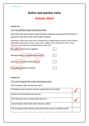 Active and Passive Voice crib sheet and six activities