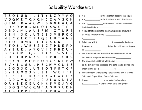 Solubility Quiz Wordsearch
