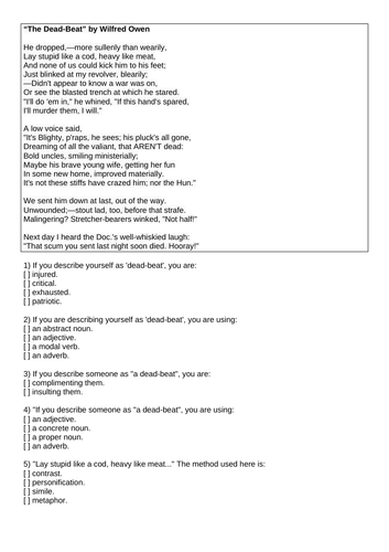 War Poetry "The Dead Beat" Wilfred Owen Multiple Choice Quiz Pre Reading Guided HW