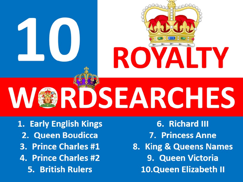10 x Kings and Queens Wordsearch History Starter Settler Activity Homework Cover Lesson