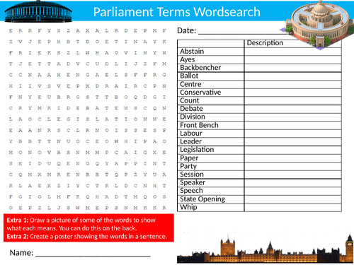 4 x Parliament Terms Wordsearch Sheet Starter Activity Keywords Cover Homework Government Politics