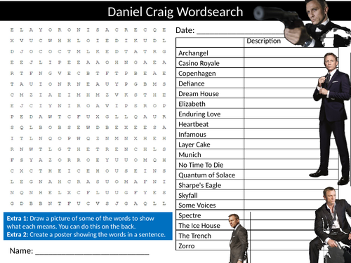 Daniel Craig Wordsearch Acting Famous Actor Literacy Starter Activity Homework Cover Lesson Plenary