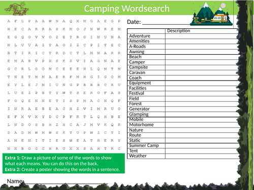 Camping Wordsearch Geography Starter Activity Homework Cover Lesson