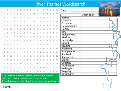 London Thames River Wordsearch City Geography Starter Activity Homework Cover