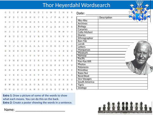Thor Heyerdahl Explorer Wordsearch Sheet Keywords Cover Homework Geography History