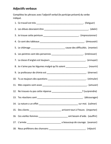 Participe présent Adjectif verbal French Worksheet