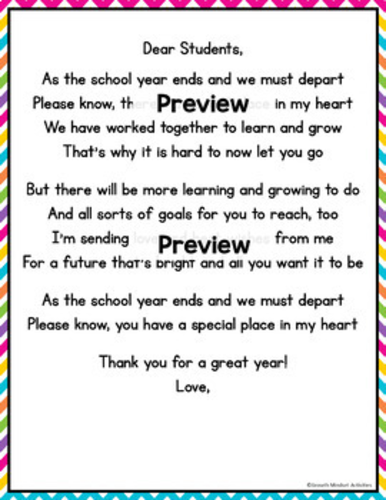 End of the Year Letter from Teacher to Student