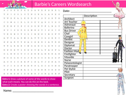 Barbie's Career Wordsearch Sheet Starter Activity Keywords Cover Jobs Day