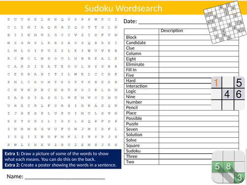 Sudoku Wordsearch Sheet Starter Activity Keywords Cover Maths Numbers