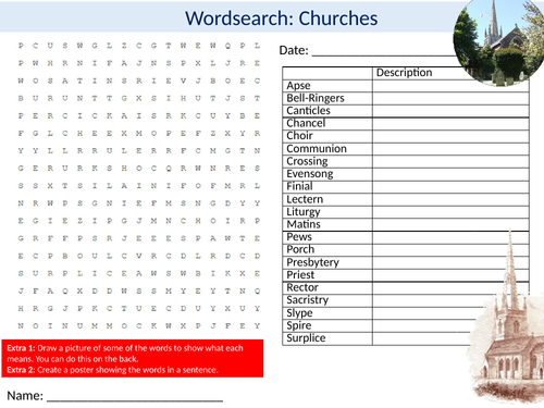 Churches Wordsearch Sheet Starter Activity Keywords Cover Religion Buildings