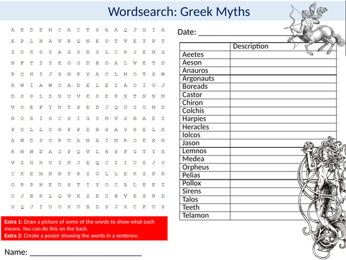 Greek Myths Wordsearch Sheet Starter Activity Keywords Religion Legends