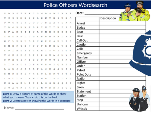 2 x Police Career Wordsearch Sheet Starter Activity Keywords Cover Jobs Medicine