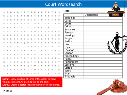 2 x Court Wordsearch Courts Law Literacy Starter Activity Homework Cover Lesson Plenary
