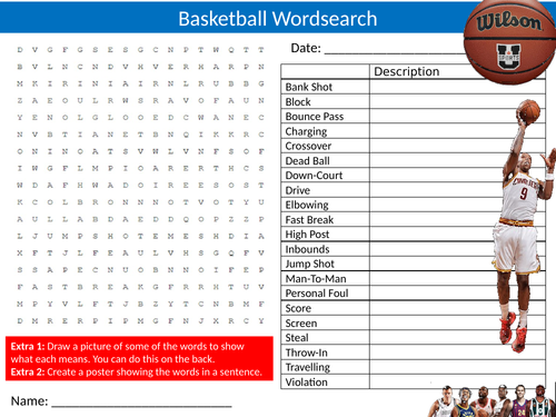 Basketball Wordsearch Literacy Starter Activity Homework Cover Lesson Plenary Sports