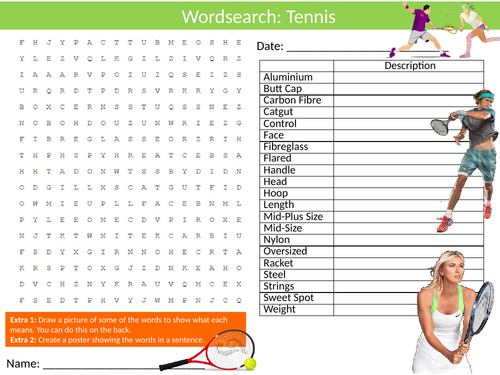 Tennis #2 Wordsearch Puzzle Sheet Keywords Settler Starter Cover Lesson PE Sports